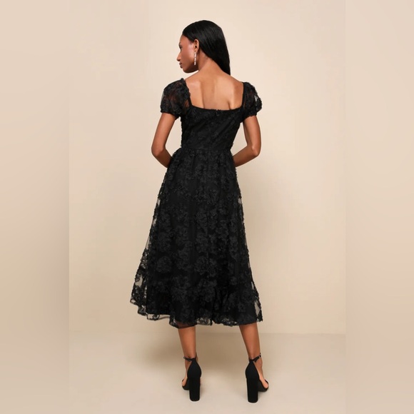Lulus Notable Elegance Black Mesh Floral Applique Bustier Midi Dress - Picture 7 of 12